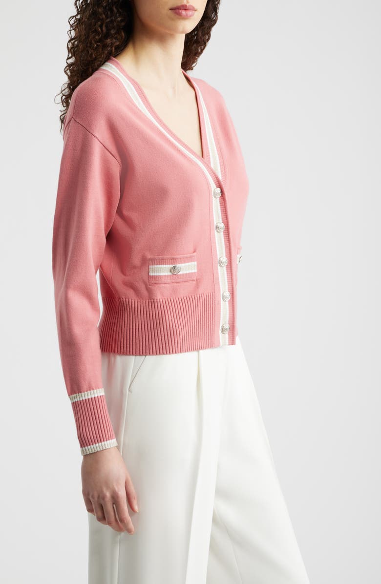 Elie Tahari The Kiva Metallic Stripe Cardigan, Alternate, color, Dragon Fruit