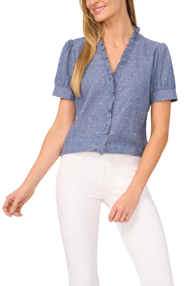 CeCe Ruffle Trim Chambray Button-Up Top, Main, color,
