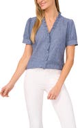 CeCe Ruffle Trim Chambray Button-Up Top