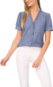 CeCe Ruffle Trim Chambray Button-Up Top