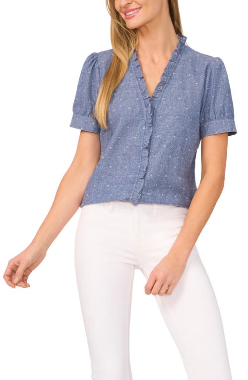 CECE CECE RUFFLE TRIM CHAMBRAY BUTTON-UP TOP 