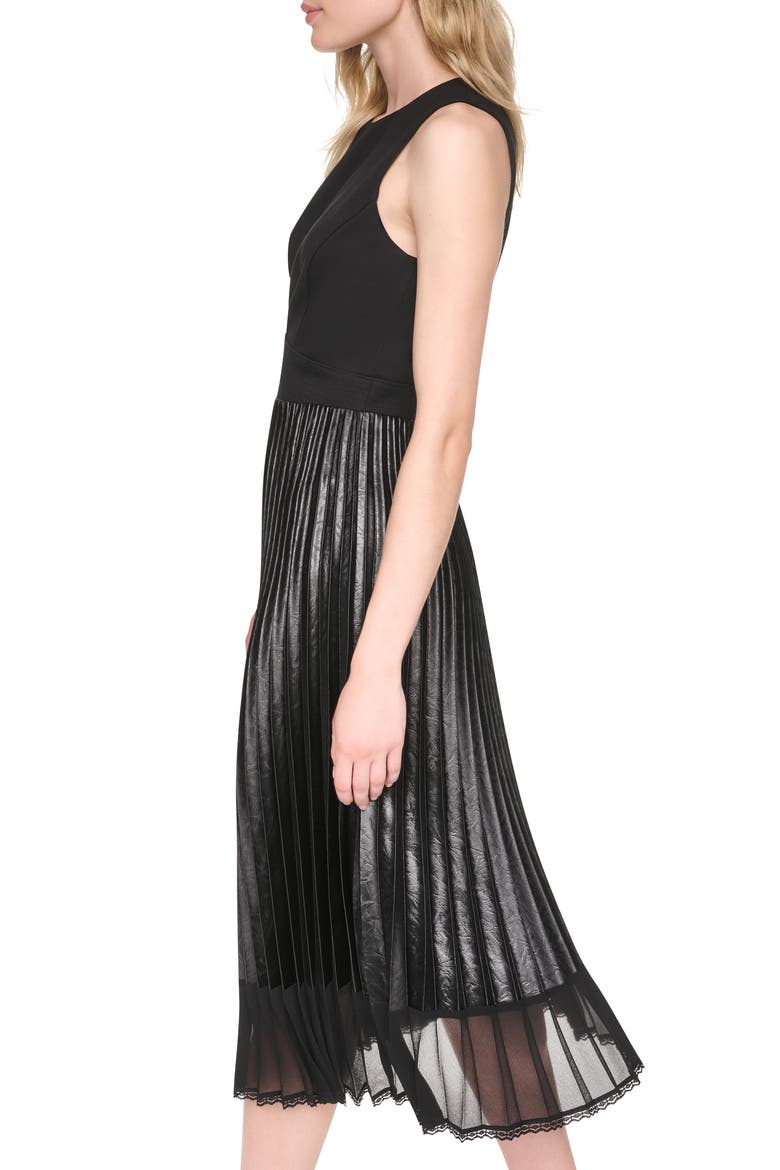 Mixed Media Sleeveless Midi Dress, Alternate, color, BLACK