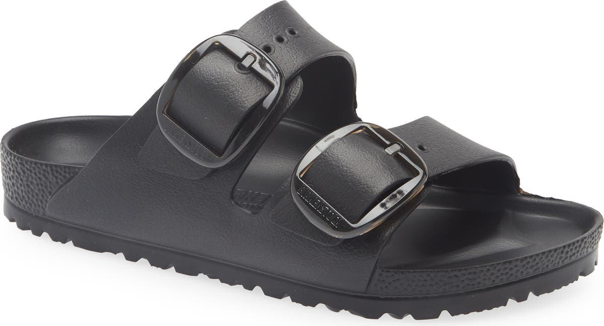 Birkenstock Arizona Big Buckle EVA Waterproof Slide Sandal in black, side profile showing chunky buckle hardware