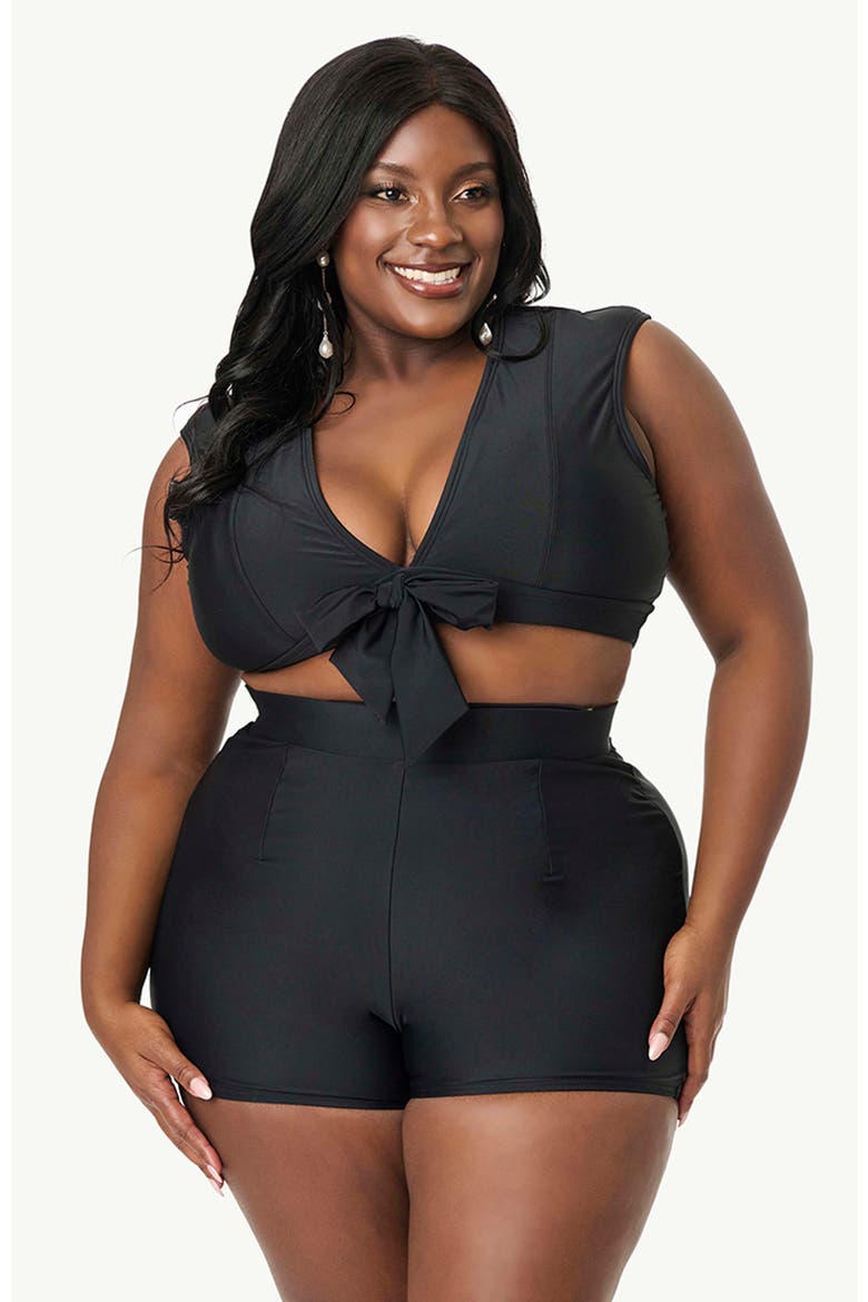 Plus Size Full Coverage Bow Swim Top, Main, color, Black