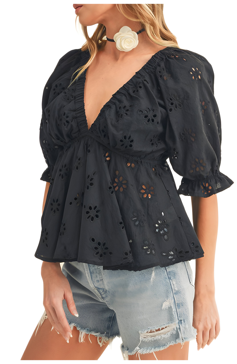 Knit and Lounge Eyelet Deep V-Neckline Peplum Top, Alternate, color, Black