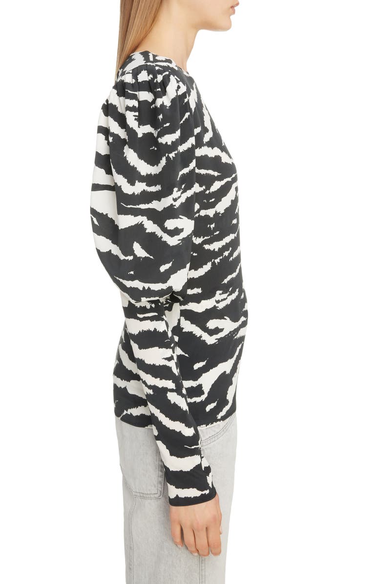 Isabel Marant Zebra Print Puff Sleeve Stretch Silk Blouse, Alternate, color, 