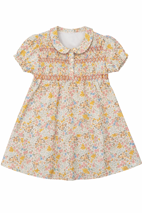 Multi Flower Print Girls Dress with Front Smocking