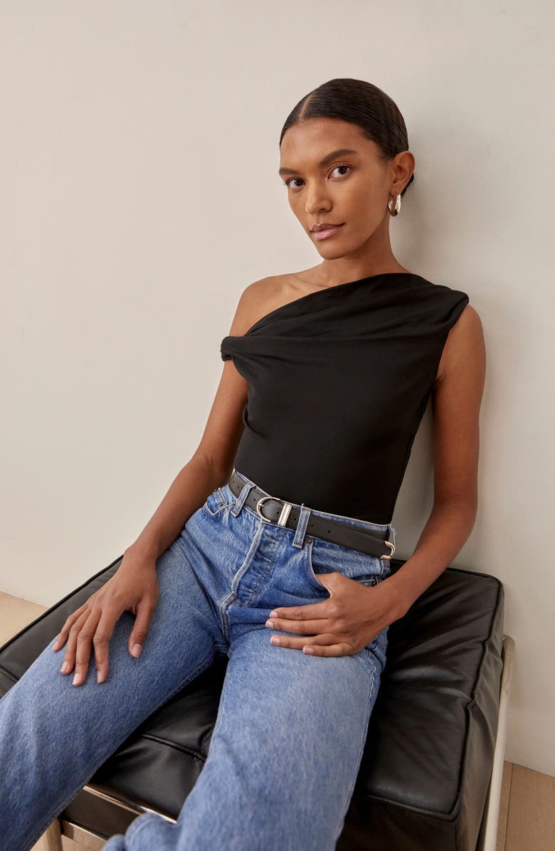 Reformation Cello One-Shoulder Knit Top, Alternate, color, Black