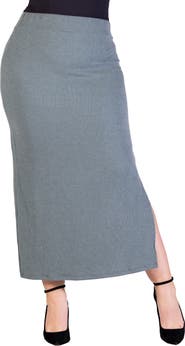 24seven Comfort Apparel Ribbed Knit Side Slit Elastic Waist Maxi Skirt