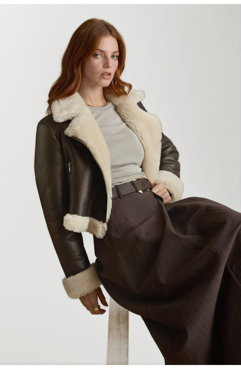 FURNIQ UK LLC Leather Shearling Jacket, Alternate, color, Brown