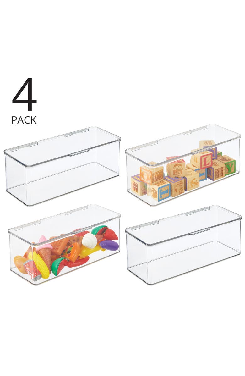 mDesign Plastic Playroom/Gaming Storage Organizer Box, Hinged Lid, 4 Pack, Clear, Alternate, color, Clear