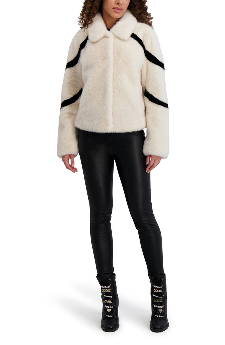 KARL LAGERFELD PARIS Stripe Short Faux Fur Coat, Alternate, color, White Black