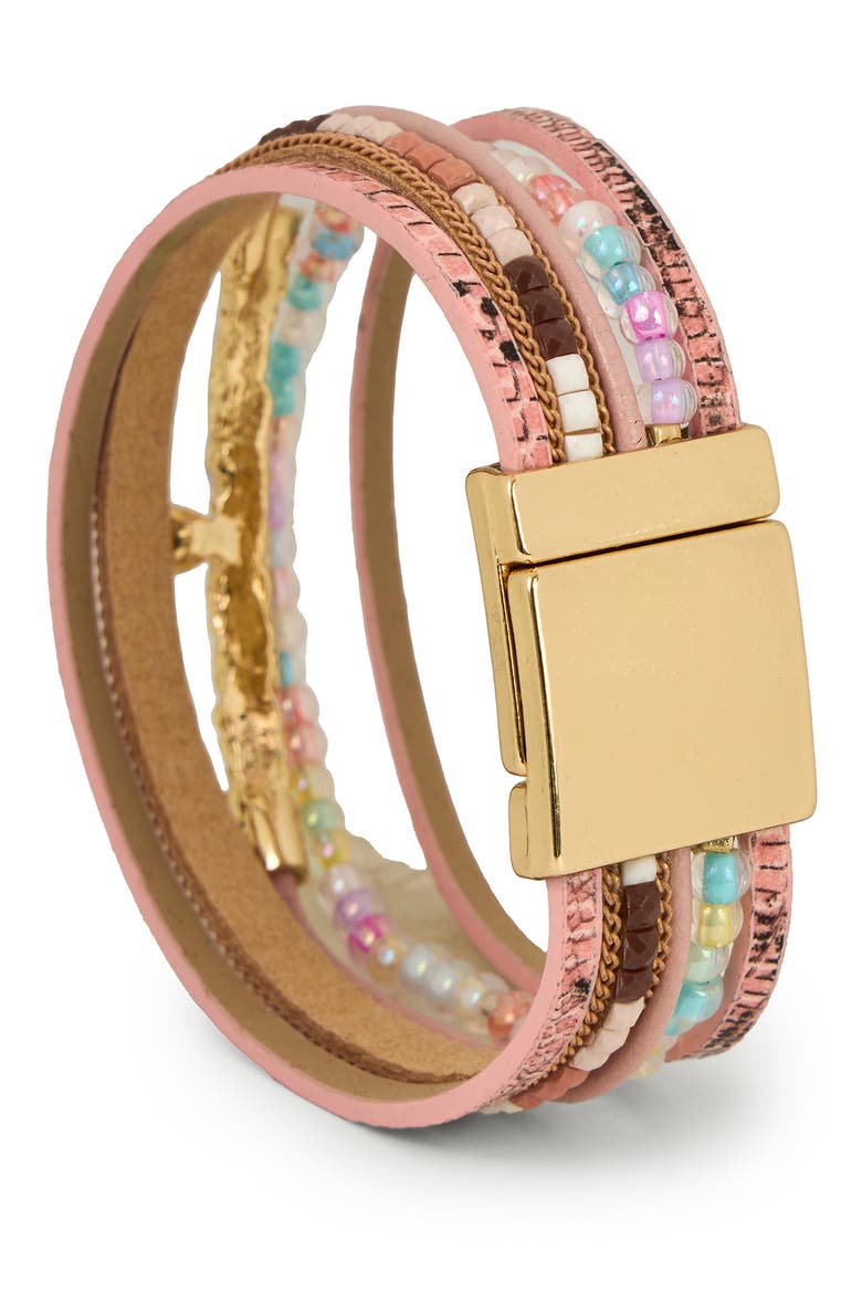 Mixed Bead Faux Leather Multistrand Bracelet, Alternate, color, PINK