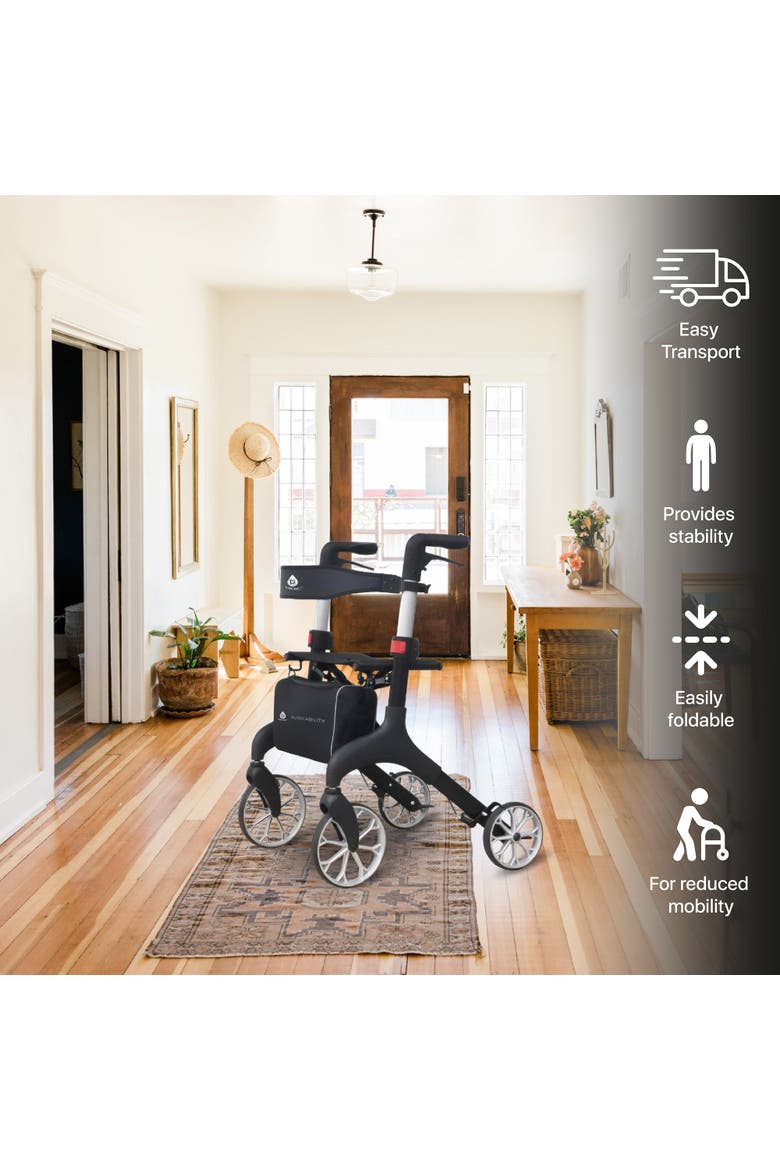 Foldable Wheeled Walker with Adjustable Height, 9-Inch Front and 8-Inch Rear Wheels, 300 lb Capacity, Alternate, color, Black