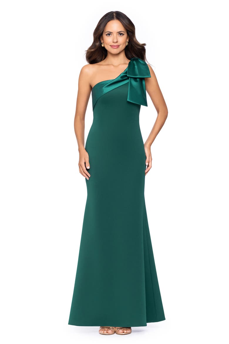 Satin Bow Detail One-Shoulder Scuba Crepe Sheath Gown, Alternate, color, HUNTER