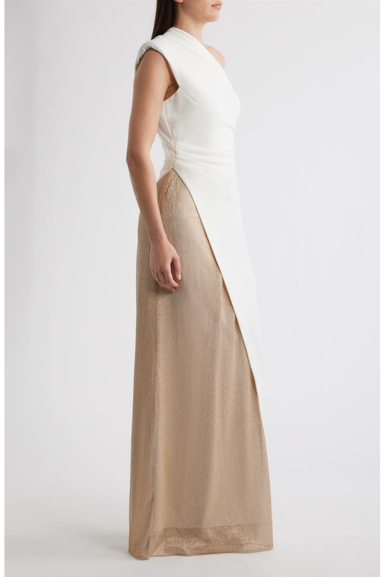 Marigold One-Shoulder Mixed Media Gown, Alternate, color, SAND LIGHT