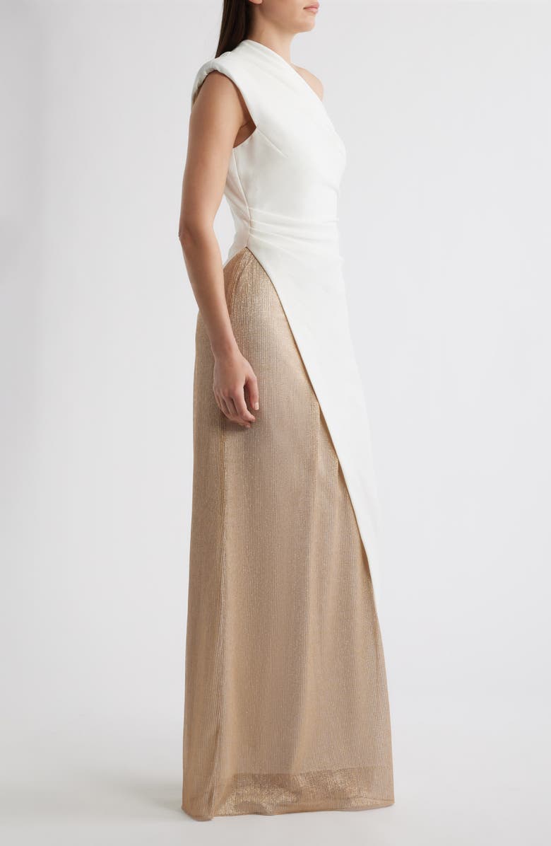 Black Halo Marigold One-Shoulder Mixed Media Gown, Alternate, color, Sand Light
