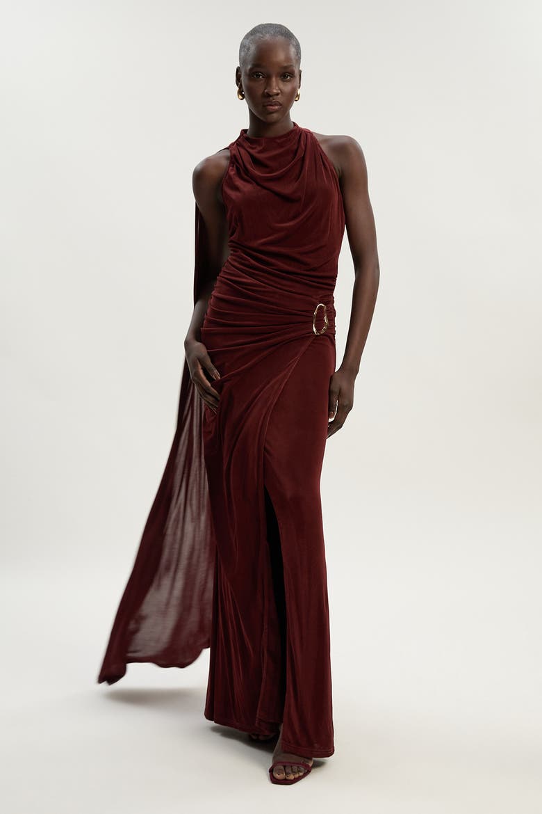 Slinky Crepe High Neck Maxi Dress, Main, color, Chocolate