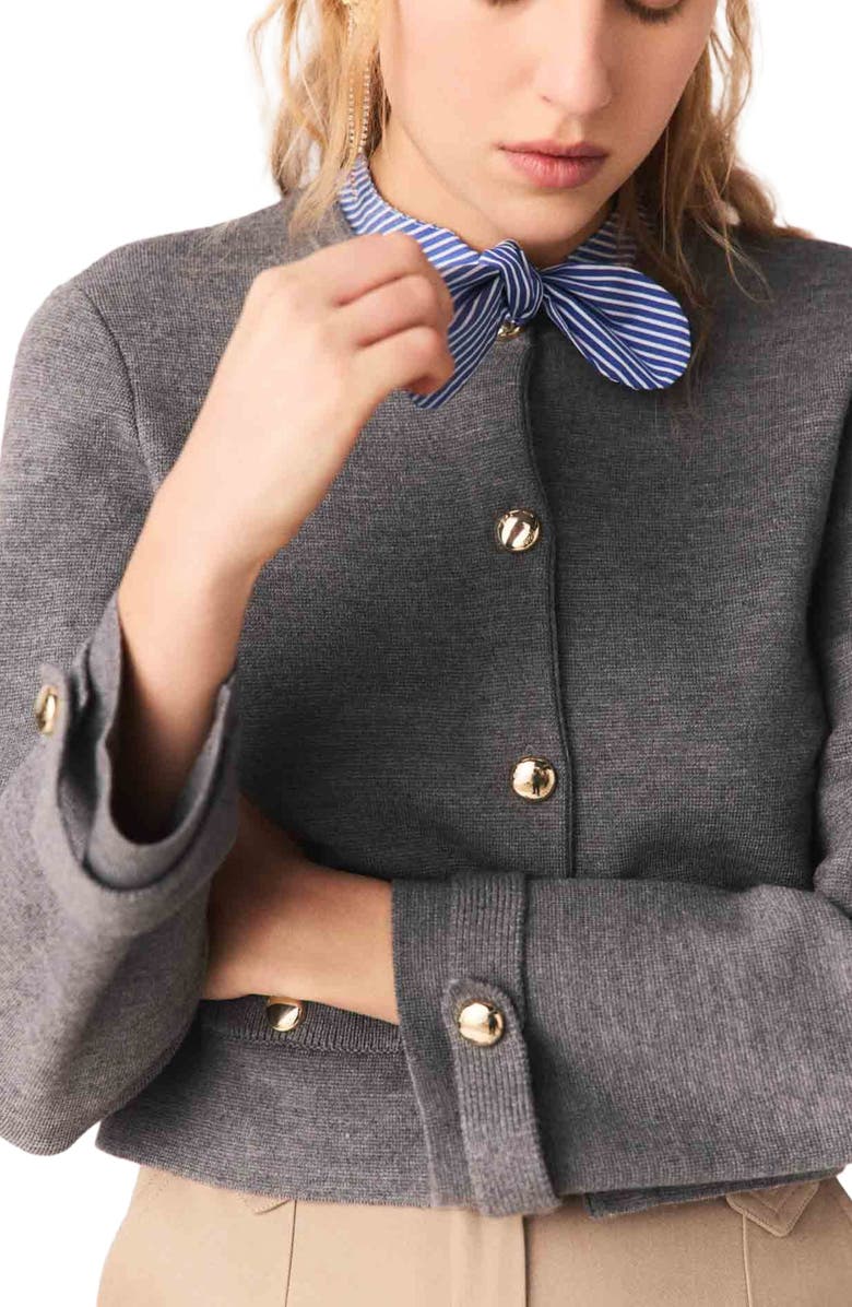 maje Removable striped collar cardigan, Alternate, color, Light Grey