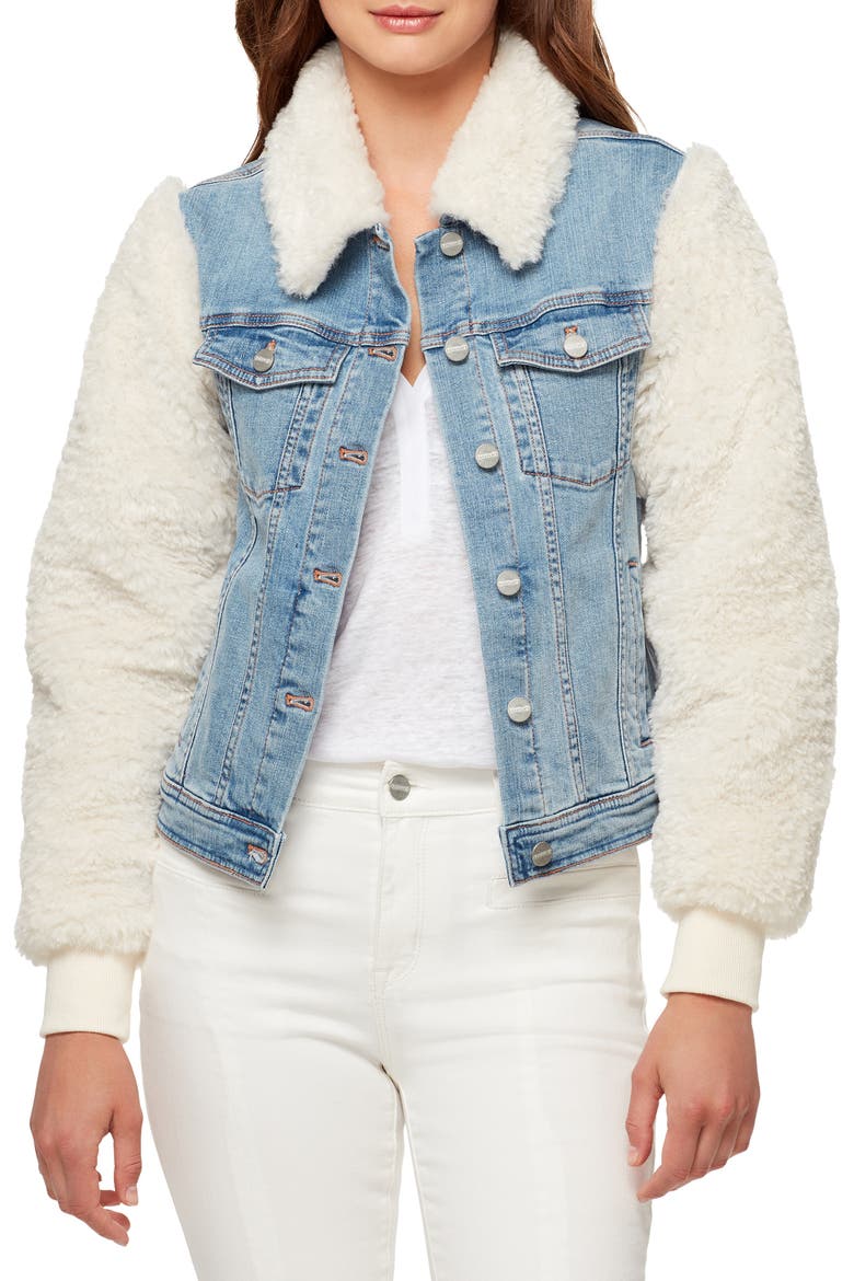 Minka Faux Shearling & Denim Trucker Jacket, Main, color, HERON W. FUR COLLAR / SLVS