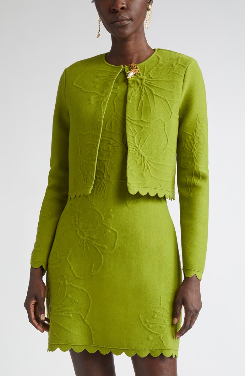 Oscar de la Renta Cherry Blossom Embossed Cardigan, Main, color, Fern