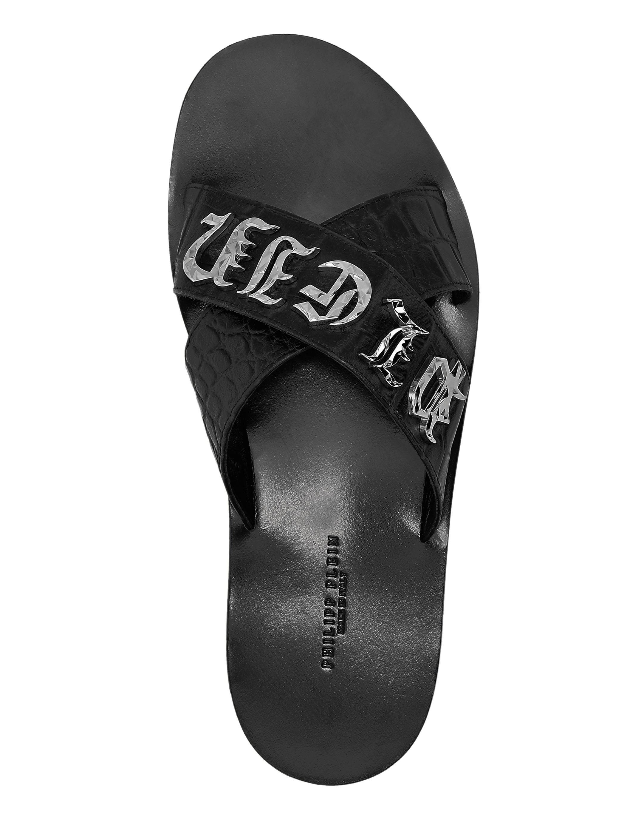 Flat Crocco Printed Sandals Men, Alternate, color, black/nickel