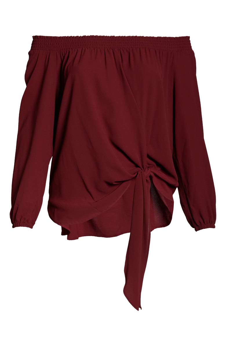 MICHAEL Michael Kors Tie Front Off the Shoulder Crepe Blouse, Alternate, color, Cranberry