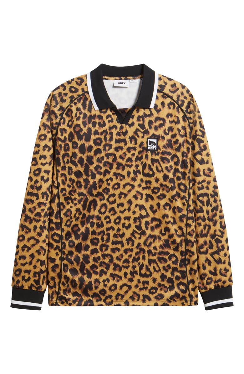 Obey Leopard Print Johnny Collar Soccer Jersey, Alternate, color, Leopard Multi
