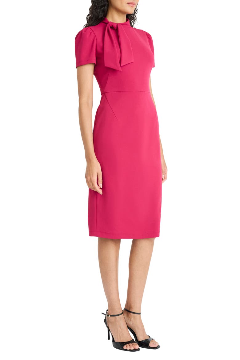 Tie Neck Puff Sleeve Scuba Crepe Dress, Alternate, color, SANGRIA