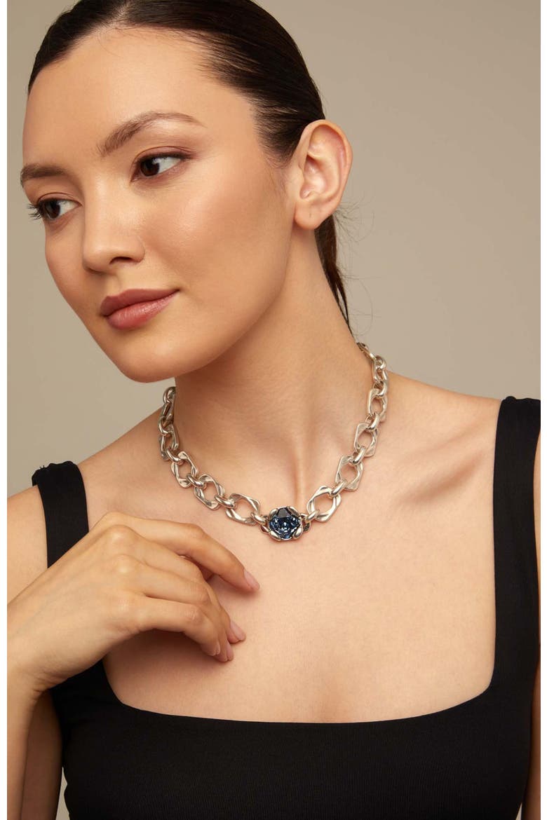 Wide Link Blue Crystal Necklace, Alternate, color, Silver
