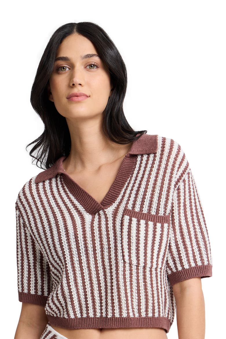 Linen Knit Cropped Polo, Alternate, color, Brown/White