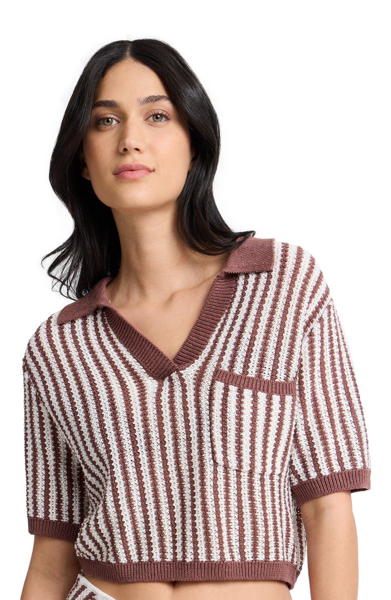 Onia Linen Knit Cropped Polo, Alternate, color, Brown/White