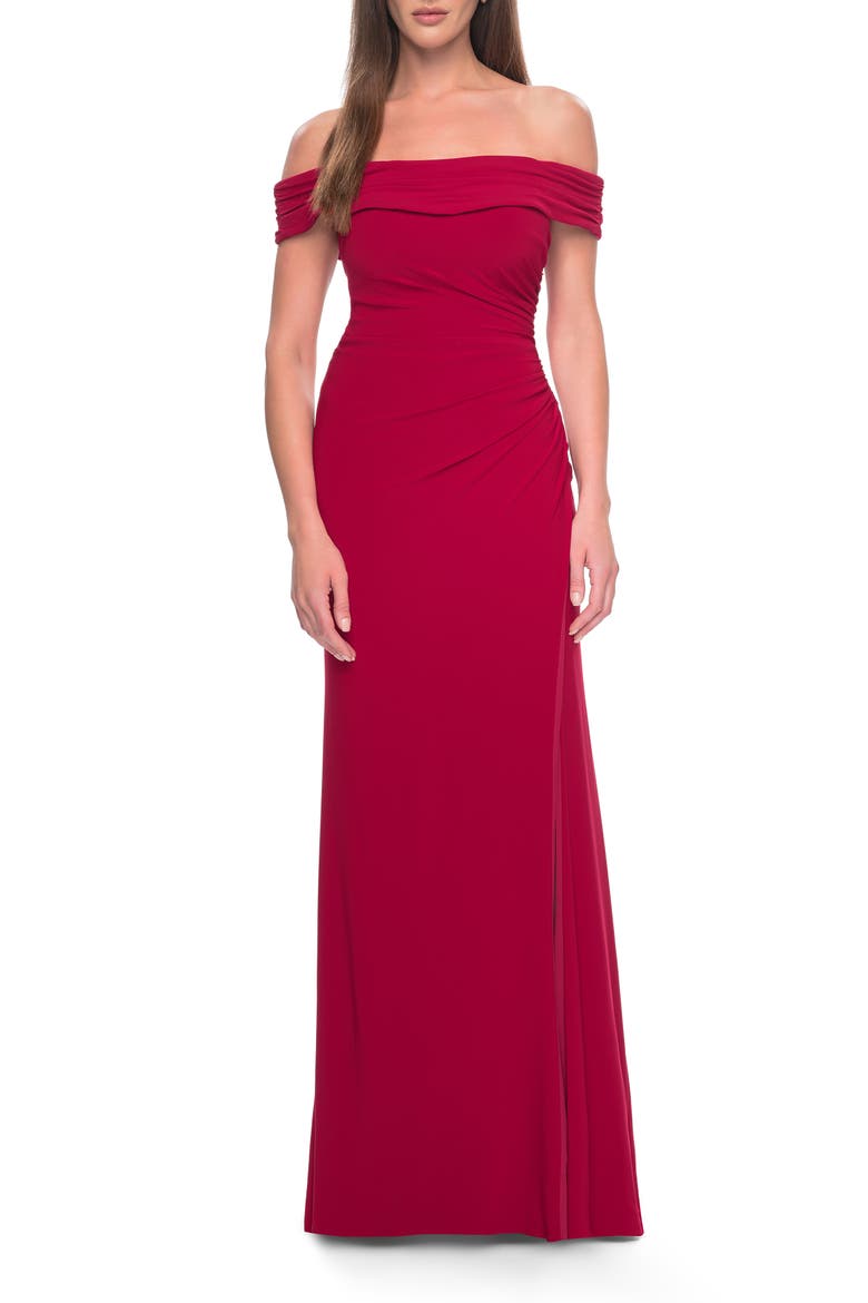 Off the Shoulder Jersey Dress with Ruching and Slit, Alternate, color, Red