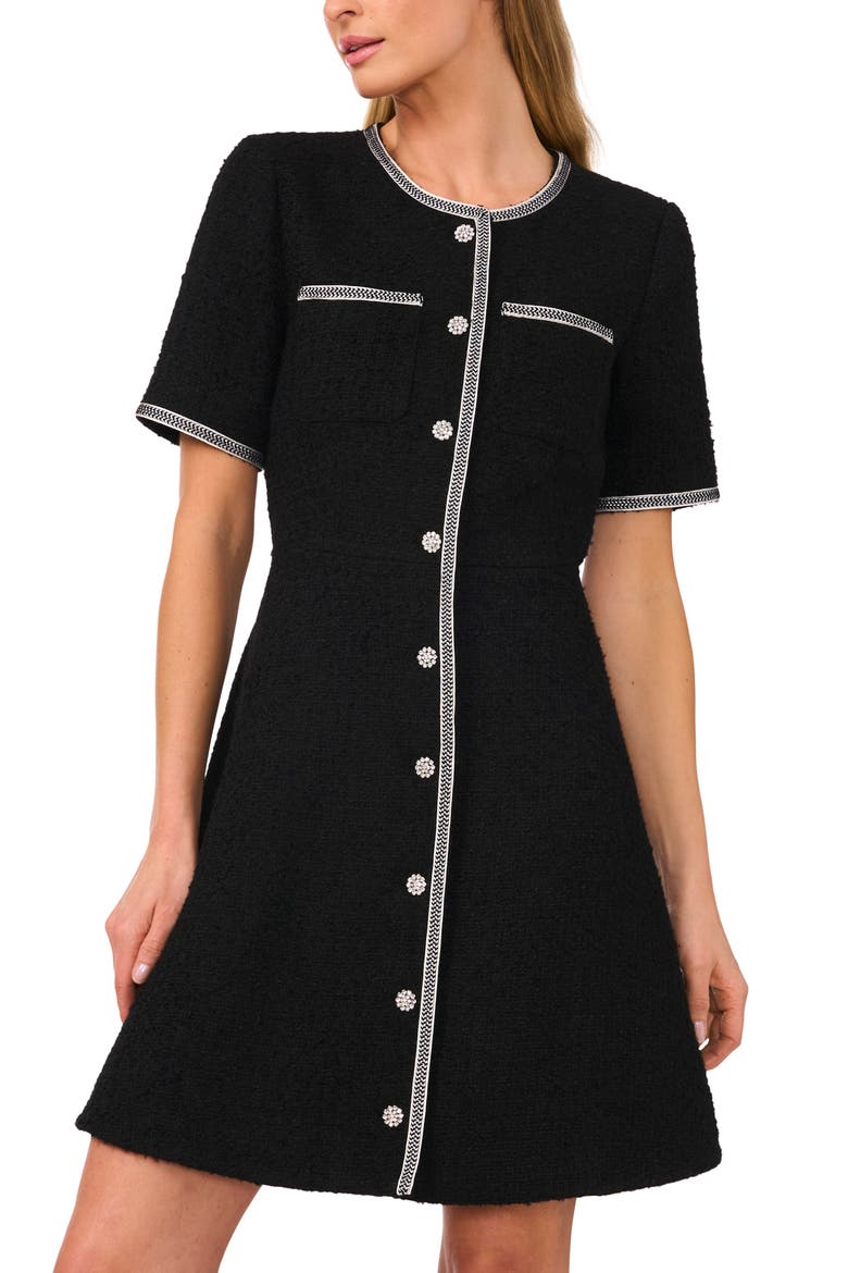 Button Front Tweed A-Line Dress, Alternate, color, RICH BLACK
