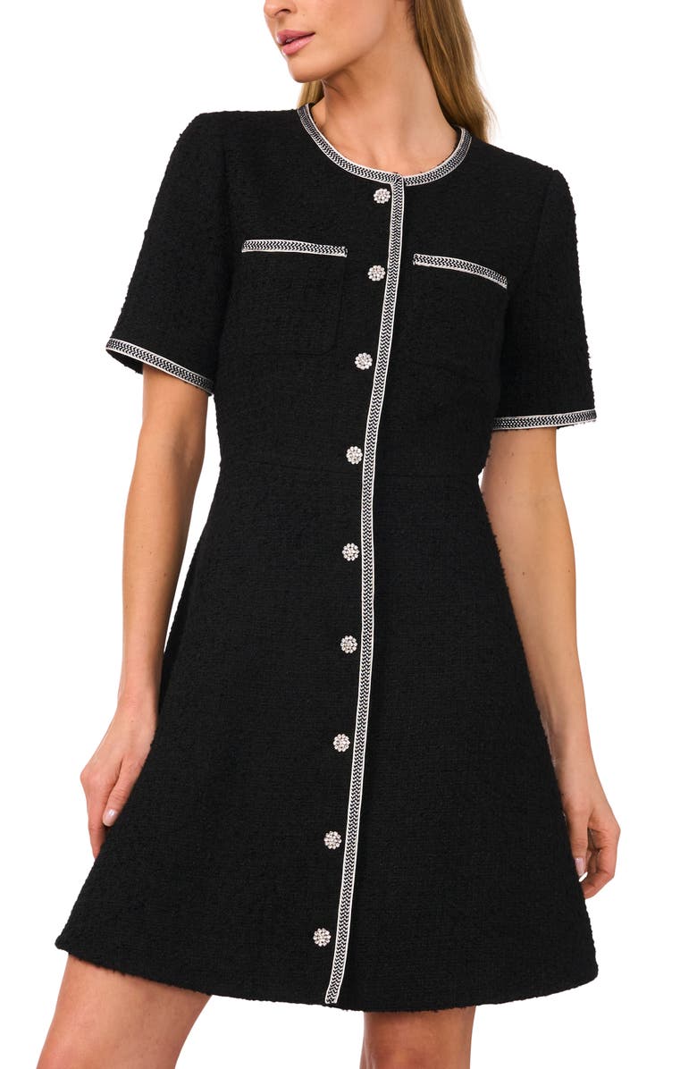 CeCe Button Front Tweed A-Line Dress, Alternate, color, Rich Black