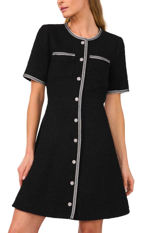 Cece Button Front Tweed A-line Dress In Black