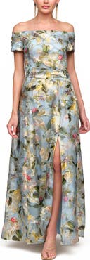 JS Collections Carissa Metallic Embroidered Off the Shoulder A-Line Gown