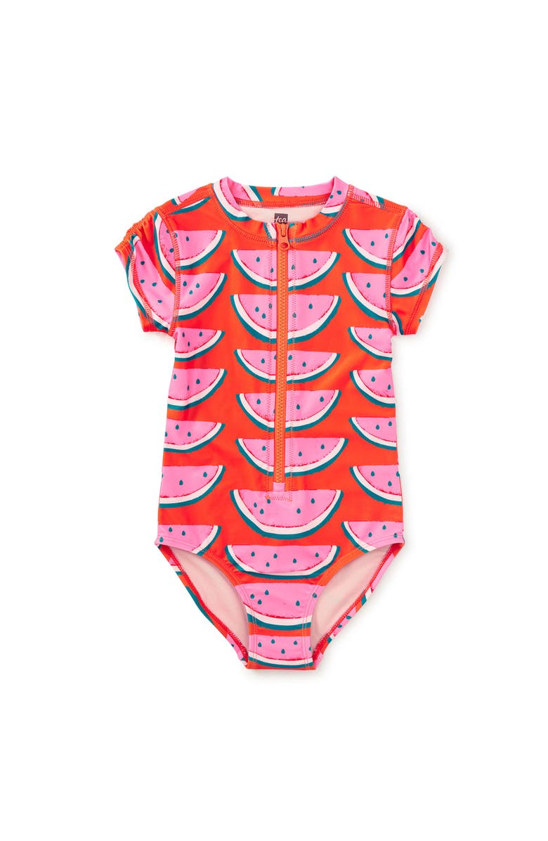 Tea Collection Rash Guard One-Piece Swimsuit, Main, color, Watermelon Slices