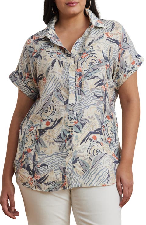 Beach Print Relaxed Fit Short Sleeve Linen Button-Up Shirt (Plus)