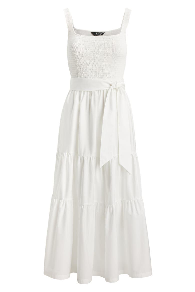 Smocked Bodice Sleeveless Tiered Midi Dress, Alternate, color, WHITE