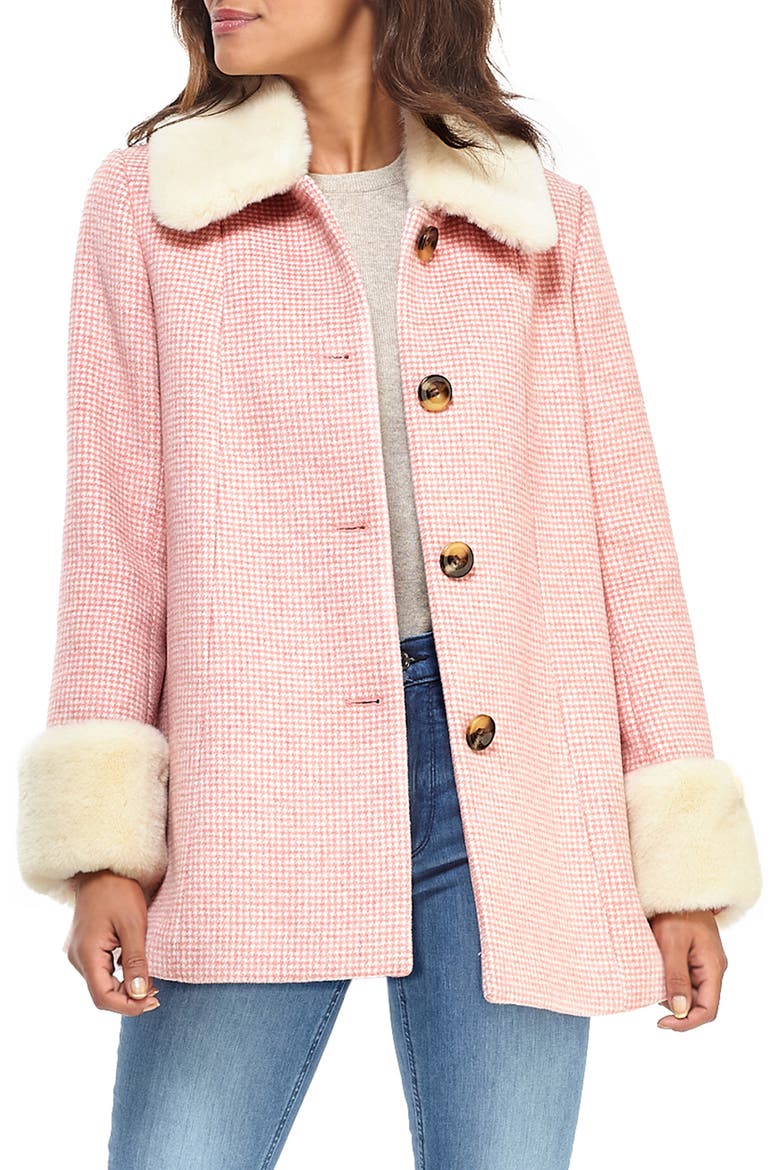 Eloise Check Coat with Faux Fur Trim (Nordstrom Exclusive), Main, color, PINK/ WHITE