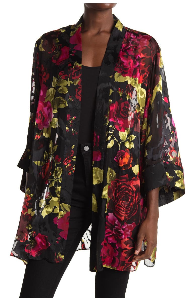 Marée Pour Toi Floral Burnout Charmeuse Kimono, Main, color,