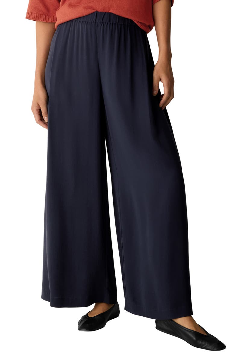 Eileen Fisher Pull-On Satin Wide Leg Pants, Main, color, Ink