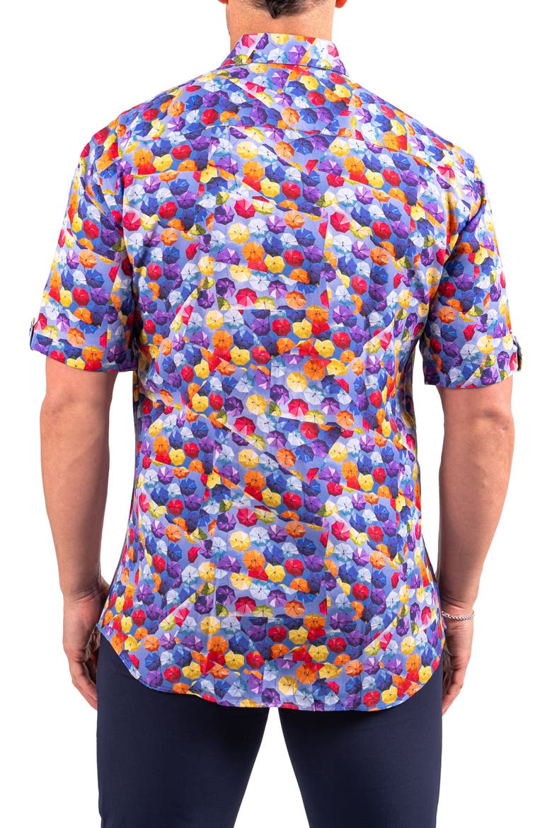 Galileo Resistance Umbrella Print Short Sleeve Button-Up Shirt, Alternate, color, BLUE