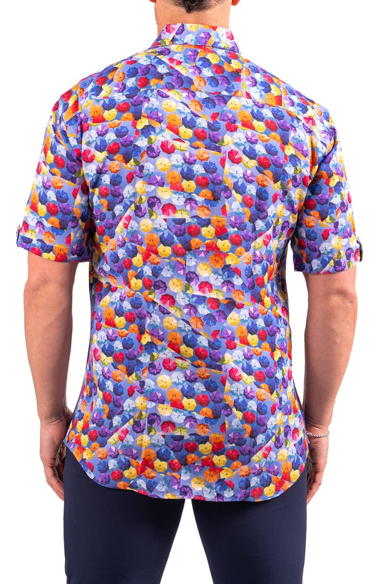 Maceoo Galileo Resistance Umbrella Print Short Sleeve Button-Up Shirt, Alternate, color, Blue