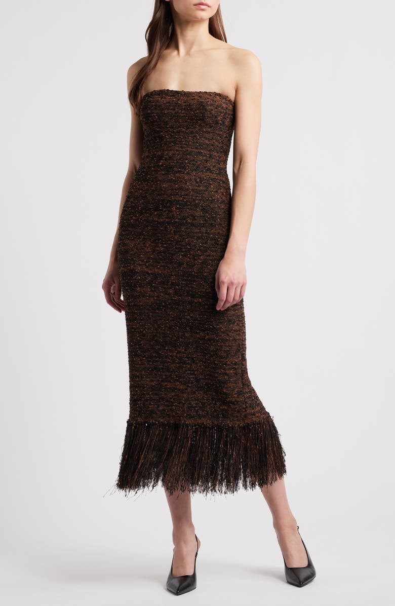 FRAME Strapless Fringe Bouclé Dress, Main, color, Espresso Multi