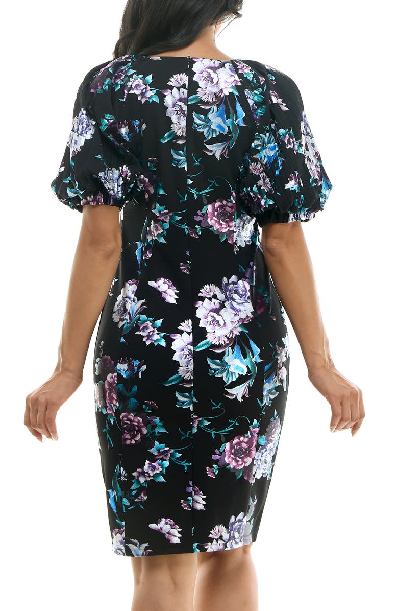 Nina Leonard Floral Puff Sleeve Dress, Alternate, color, Black/Lavender Multi