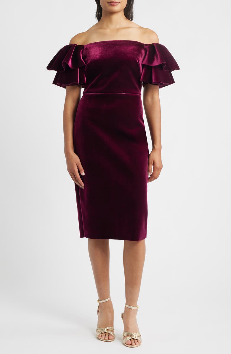 Eliza J Off the Shoulder Ruffle Cocktail Dress, Main, color, Wine