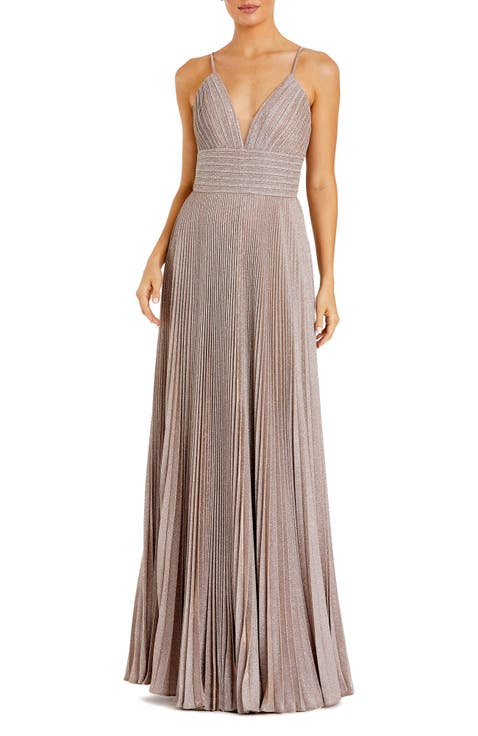 Shimmer Pleated Plunge Neck Criss Cross Back Gown