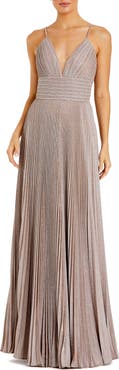 Mac Duggal Shimmer Pleated Plunge Neck Criss Cross Back Gown